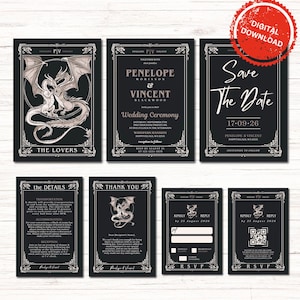 Suite de faire-part de mariage Amour Dragon | Réservez la date Dragon | Carte de remerciements RSVP pour mariage en toile de tarot | Téléchargement instantané