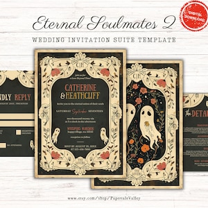 PRINTABLE Eternal Soulmates 2 Wedding Invitation Suite Template | Halloween Gothic Cute Invite | RSVP | Details Card | Instant download