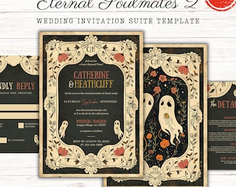 May include: Eternal Soulmates 2 wedding invitation suite template. The design features a vintage aesthetic with floral and ghost illustrations. The invitation includes details for Catherine & Heathcliff's wedding, with RSVP information. Digital download.