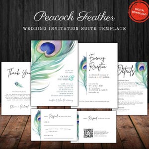 Peacock 3 Wedding Suite | Elegant, Minimalist Day and Evening Invitation, RSVP, Details Card, Printable, Editable Template, Instant Download