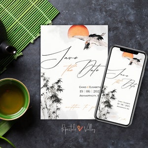 Modello di invito Save the Date per matrimonio con gru giapponese e bambù, orientale, elegante, moderno, stampabile, invito Save the Date, invito elettronico Save the Date