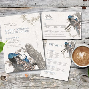 Peacock Love Template Wedding Set, Editable Wedding Suite, Wedding Invitation, RSVP, Details, Printable, Canva Instant Download