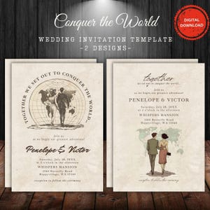 Bearbeitbar Zusammen erobern wir die Welt Retro Hochzeitseinladungsvorlage | Liebe Paar Reisen Illustration | Sofort Download
