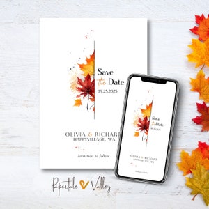 May include: Save the Date card with a watercolor illustration of fall leaves in shades of red, orange, and yellow. The text reads "Save the Date" with the date "09.25.2025" below. The card also includes the names "Olivia & Richard" and the location "Happyvillage, WA".