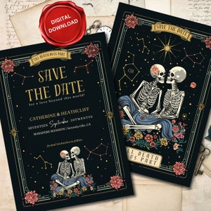 May include: Save the date card with a black background and gold accents. The card features a couple of skeletons holding hands and sitting on a blue blanket with flowers. The text on the card reads "Till Death Do Us Part" and "Save the Date" with the names Catherine and Heathcliff and the date September 20TWENTY6.