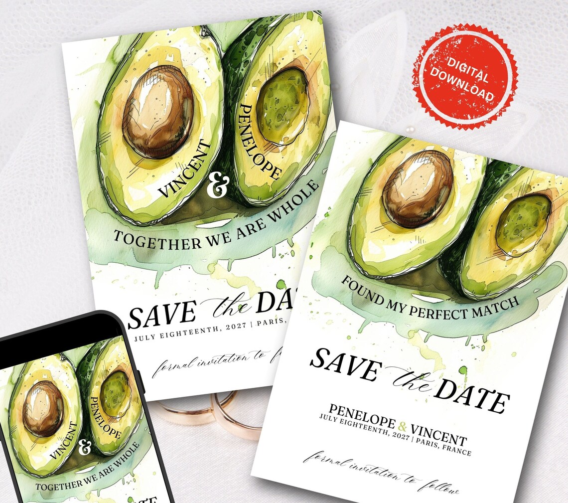 Editable Avocado Perfect Match Wedding Save the Date Invitation ...
