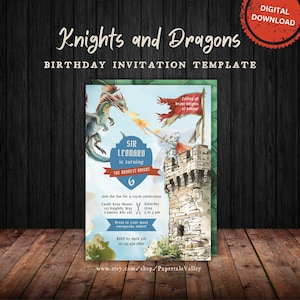 Knights and Dragons Birthday Party Invitation Template | Printable Invitation | Medieval Birthday Party Invite | Instant Download | KAD1
