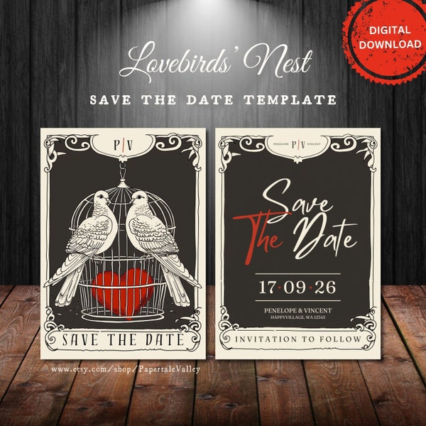 Vintage Lovebirds' Nest Wedding Save the Date Invitation Template | Doves Save the Date | Bird Wedding Invitation | Instant download