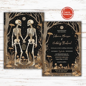 Bearbeitbar bis der Tod uns scheidet - Skelette und Zauberpilze - Hochzeitseinladungsvorlage | Liebes Skelette Paar | Sofortiger Download