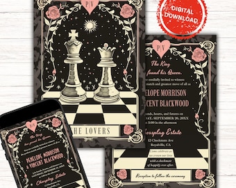 Plantilla de invitación de boda de ajedrez real: Tarjeta de amantes del rey y la reina (Canva, descarga digital)