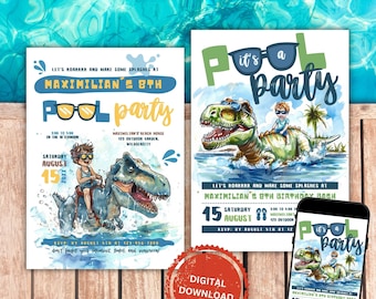 T-Rex Pool Party Invitation: Editable Dinosaur Birthday (Digital Download)