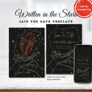 Met de sterren geschreven bruiloft uitnodigingssjabloon | Love Constellation Save the Date | Hart | Direct downloaden | WIS1