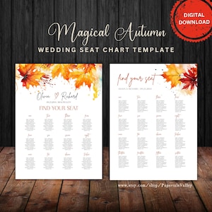 PRINTABLE Watercolor Autumn Leaves Wedding Seating Chart Template | Editable, Instant Download | Wedding Seat Chart| Fall Wedding | WAL2