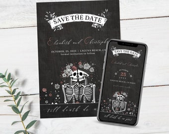 PRINTABLE Wedding Save the Date Invitation + Electronic Wedding Save the Date Invitation, Till Death Do Us Part Skeletons Save the Date