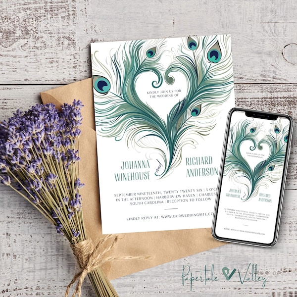 Peacock Feather Heart | Romantic Wedding Invitation | Peacock Wedding, Printable, Digital Invitation, Wedding Template