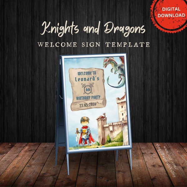 Knights and Dragons Welcome Sign Template | Printable Medieval Welcome Sign | Editable Birthday Welcome Sign | Instant Download | KAD1