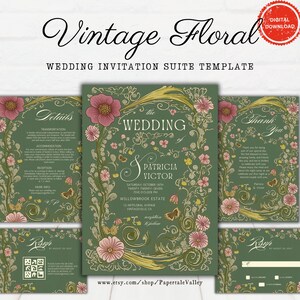 Plantilla de marco floral vintage editable para bodas / Conjunto de invitaciones de boda imprimibles, RSVP, detalles, tarjeta de agradecimiento / Descarga instantánea