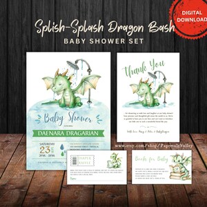 Splish Splash Dragon Bash Baby Shower Invitation Set Template | Dragon Baby Shower Invitation | Printable Invitation | Editable Baby Shower