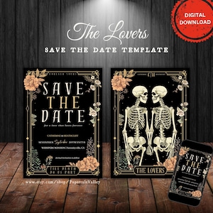 Die Liebende Tarot Karte Hochzeit Save the Date Einladung Vorlage | Skelett Save the Date | Gothic Save the Date | Sofortdownload | TLT1