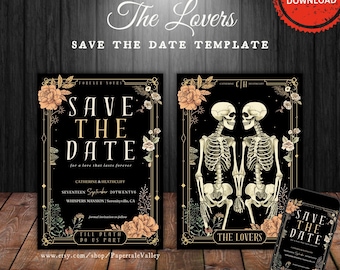 May include: A digital download template for a save the date card featuring a couple of skeletons holding hands with floral accents. The text reads "The Lovers" and "Save the Date".