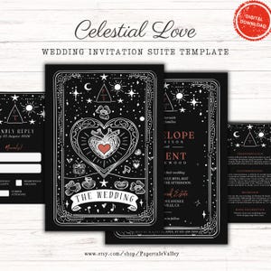 Celestial Love-sjabloon voor bruiloftsuitnodiging | Bruiloft in tarotstijl | Doodle Sky | Harthuwelijksuitnodiging, RSVP | Directe download