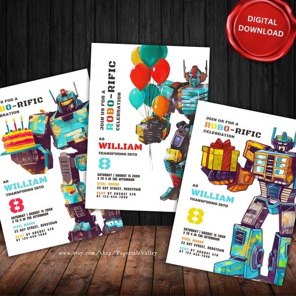 EDITABLE Robots Birthday Party Invitation TEMPLATE | Robots Birthday Invitation |  Robots with Cake, Balloons, Gift | Instant Download