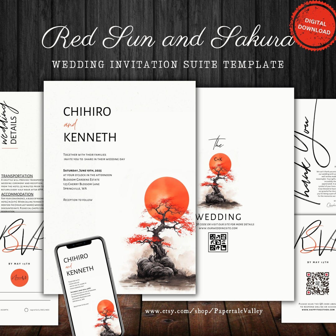Red Sun Sakura Wedding Invitation Suite | Printable Template (digital ...