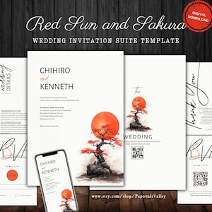 Editable Red Sun and Old Sakura Wedding Invitation Suite Template | Printable Cherry Blossom RSVP, Details, Thank You Card, Instant Download