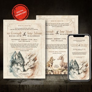 Modèle modifiable de faire-part de mariage amour dragon et loup | faire-part de mariage vintage | Mariage médiéval chevalier et jeune fille Téléchargement instantané