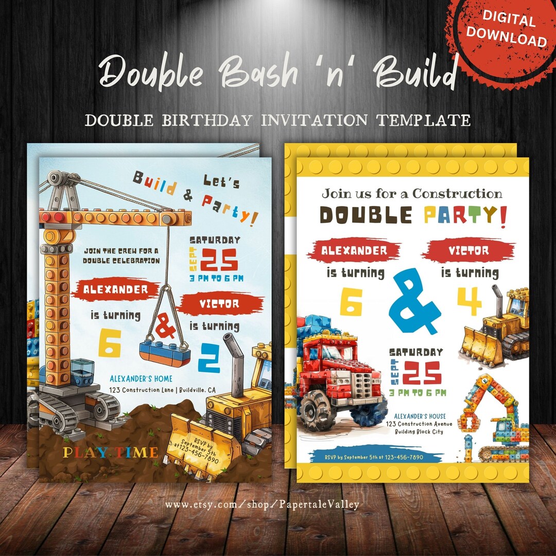 Construction Double Birthday Invitation: Building Blocks (digital ...