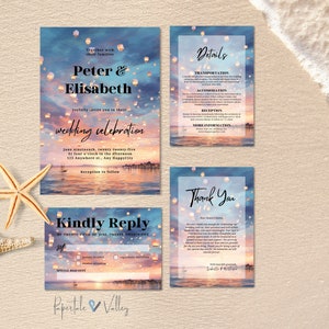 Love Wish Sky Lanterns Wedding Set, Editable Wedding Invitation, RSVP, Details, Thank You Card, Printable Wedding Bundle