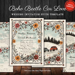 Plantilla de invitación de boda con marco floral, estilo bohemio vintage, editable, con diseño de coches Beetle, para imprimir, RSVP, detalles, agradecimiento y descarga instantánea