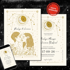 Plantilla de invitación de boda con tarot lésbico, escrita en estrellas, editable / Una pareja femenina como carta del tarot "Los amantes" / Descarga instantánea