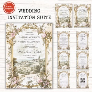 May include: A wedding invitation suite with a vintage aesthetic. The main invitation features a watercolour illustration of a house with a garden, surrounded by a gold frame with floral accents. The text reads "Together with their families, Patricia Morrison and Victor Blackwood invite you to their wedding celebration, Saturday, 18th, 2027, 5 PM, Willowbrook Estate, 12 Victorian Avenue, vintageville, ca."