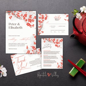 Elegant Cherry Blossom Template Wedding Set, Editable Wedding Invitation, RSVP, Details, Thank You Card, Printable Wedding Suite