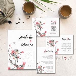 Oriental Sakura and Love Birds Template Wedding Set, Editable Wedding Invitation, RSVP, Details, Thank You Card, Printable Wedding Suite
