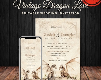 A Vintage Tale of Dragon Love Template Wedding Invitation | Printable Wedding Invitation | Medieval Wedding Evite | Instant Download | LOD1