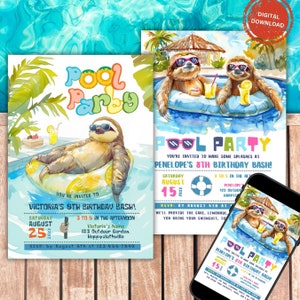 Sloth Pool Party Invitation Template: Kids Birthday (Digital Download)