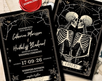 Tarot Wedding Invitation Template: Gothic Love Skeletons (Instant Download)