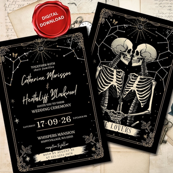 Till Death Do Us Part Wedding Invitation Template | Tarot Wedding Invitation | Love Skeletons Couple and Constellations | Instant download
