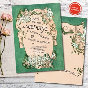 May include: A green and cream wedding invitation with floral accents. The invitation reads "Kindly join us for the wedding of Penelope Morrison & Vincent Blackwood on Saturday, May 5, 2026 | 3:00 PM THE GRAND OAK GARDEN 234 Evergreen Lane Blossom City, CA 90210 reception to follow"