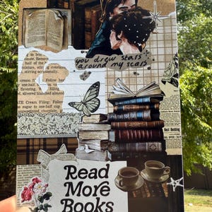 May include: A collage featuring a stack of books, a butterfly, and the text "Read More Books." The design incorporates vintage book pages, floral elements, and two cups of coffee. The phrase "you drew stars around my scars" is also present.