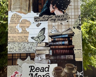 May include: A collage featuring a stack of books, a butterfly, and the text "Read More Books." The design incorporates vintage book pages, floral elements, and two cups of coffee. The phrase "you drew stars around my scars" is also present.