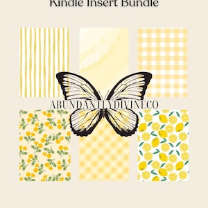 Peut inclure: Ensemble de motifs jaunes pour inserts Kindle. Les motifs comprennent des rayures verticales, des lavis d'aquarelle, du vichy, des motifs floraux et de citrons. Un papillon est centré, avec le texte "ABUNDANTLYDIVINECO", "Kindle Insert Bundle" et "Yellow Patterns".