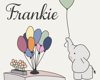 A4 Digital Download Personalised baby nursery prints| Elephant design in a range of colours
