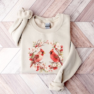 Cardinal Sweatshirt, Bird Sweatshirt, Wreath Sweatshirt, Dogwood Sweatshirt, Cardinal Birds Crewneck, Crewneck Sweatshirt