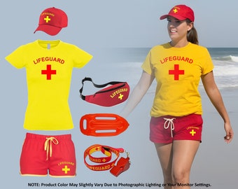 Womens Lifeguard Costume Fancy Dress Set Ladies T-shirt, Shorts + Options