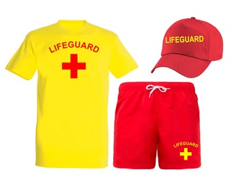 LIFEGUARD Mens T-Shirt Shorts and Cap Fancy Costume Dress