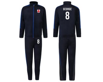 Personalised Kids Sports Tracksuit Zipper Top and Pants, Sport kit Customised Name Print England Flag Names & Numbers for Young Athletes