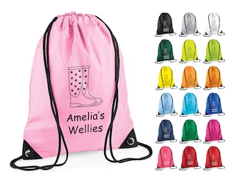 Kids Personalised Welly Boot Bag Unisex Custom Name Drawstring Kit Bag Children's Wellies Boot Bag Girls Boys Welly Bag Nursery Rucksack